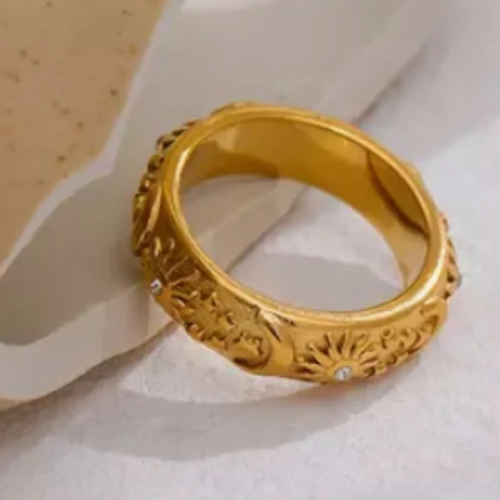 - New- 18k Gold Finish Handcrafted Sun, Star & Moon Ring Size 8